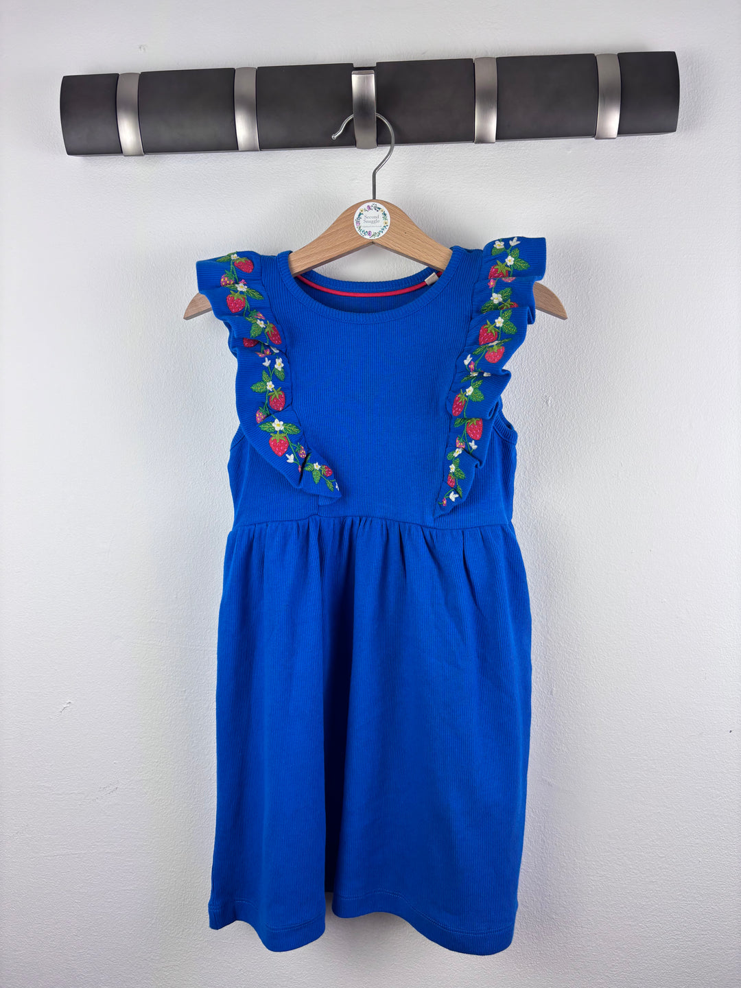 Boden Blue Ribbed Dress with Strawberry Frill Detail-Dresses-Second Snuggle Preloved