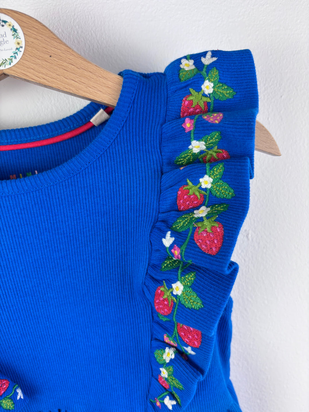Boden Blue Ribbed Dress with Strawberry Frill Detail-Dresses-Second Snuggle Preloved