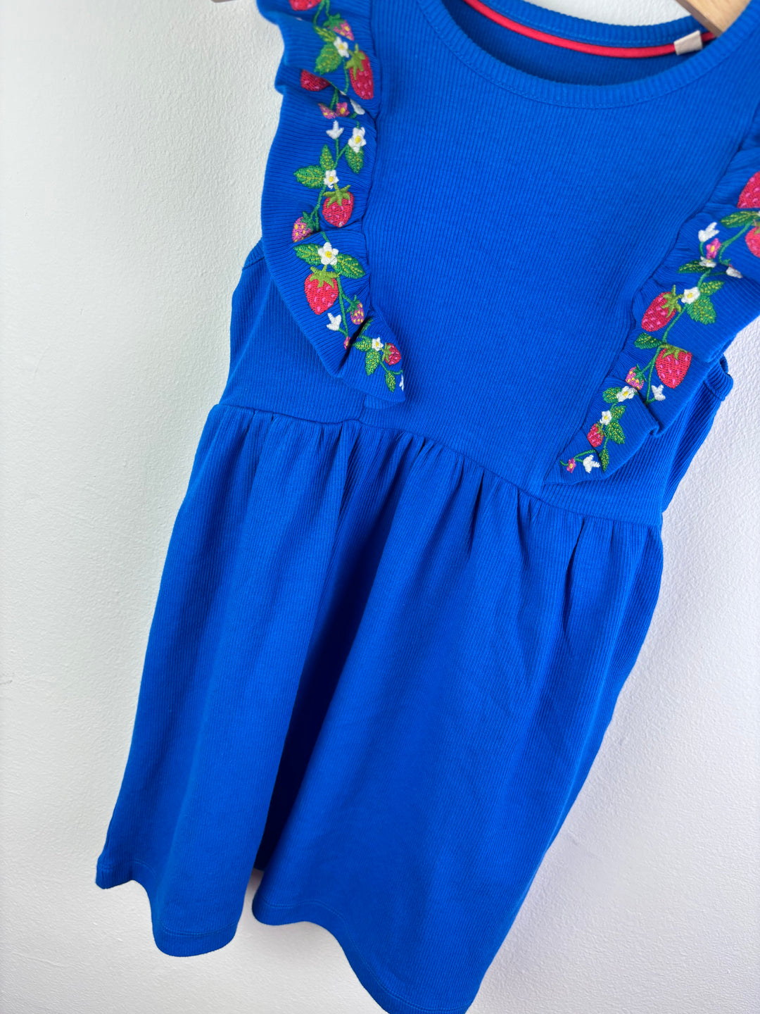 Boden Blue Ribbed Dress with Strawberry Frill Detail-Dresses-Second Snuggle Preloved
