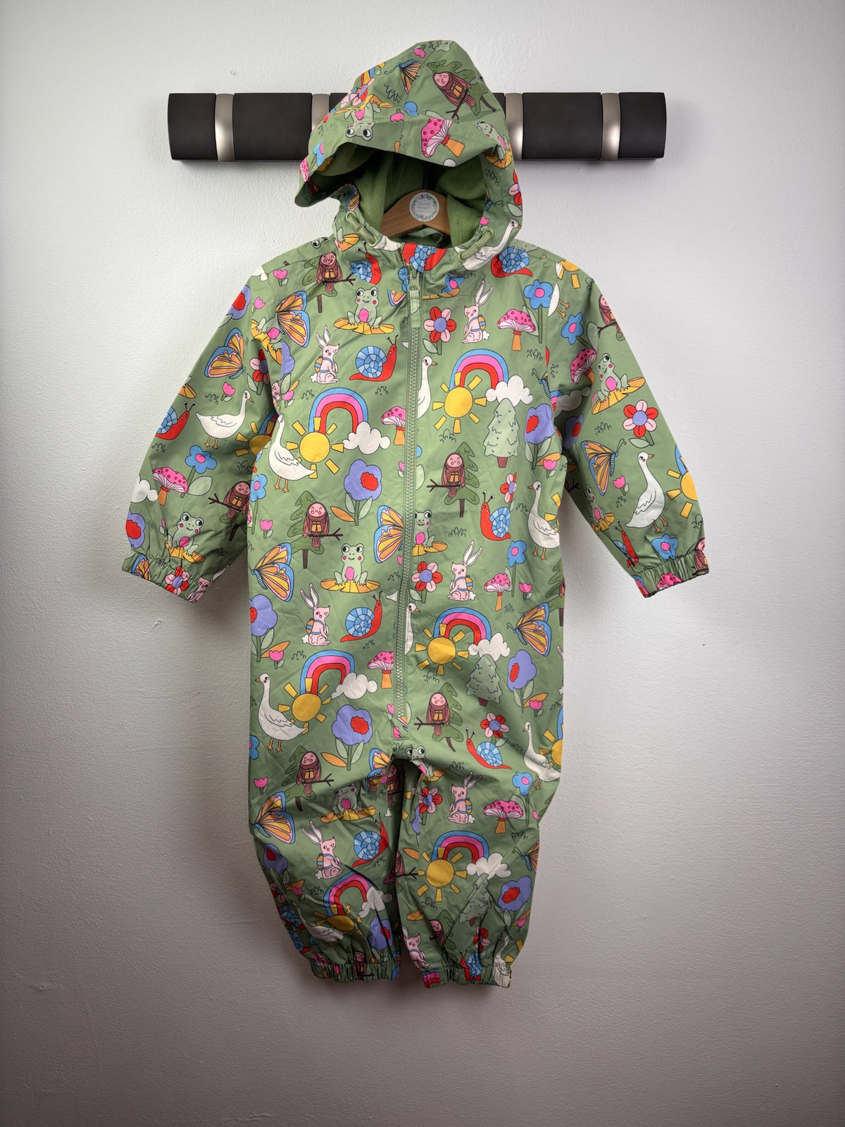 Next Green Woodland Rainbow Fleece Lined Puddlesuit-Puddle Suits-Second Snuggle Preloved