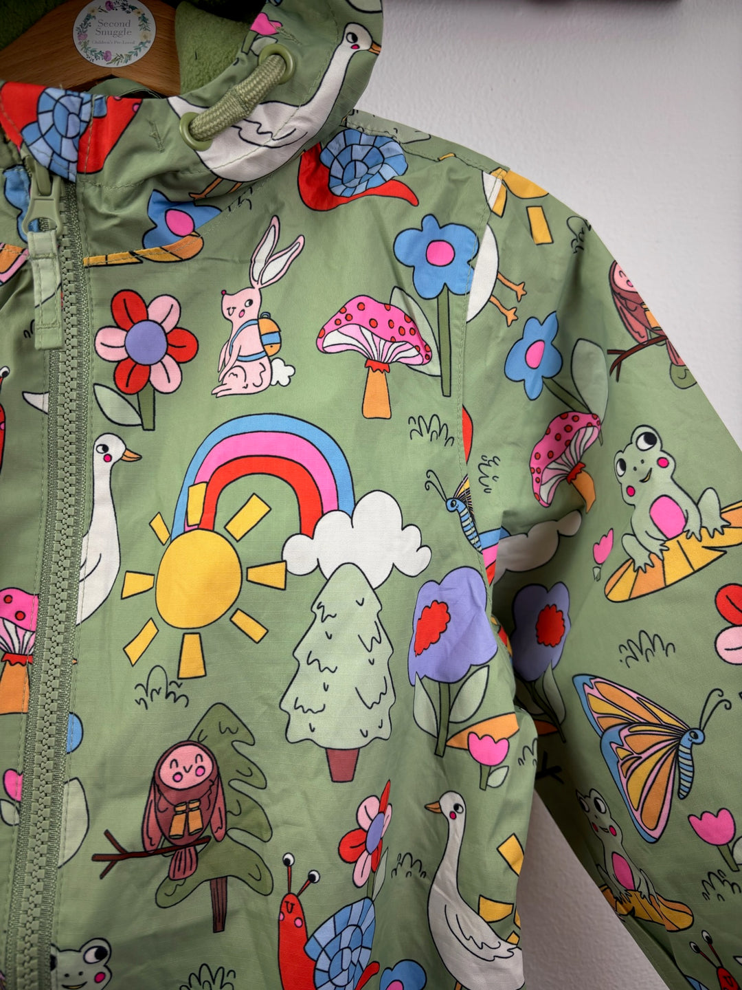Next Green Woodland Rainbow Fleece Lined Puddlesuit-Puddle Suits-Second Snuggle Preloved