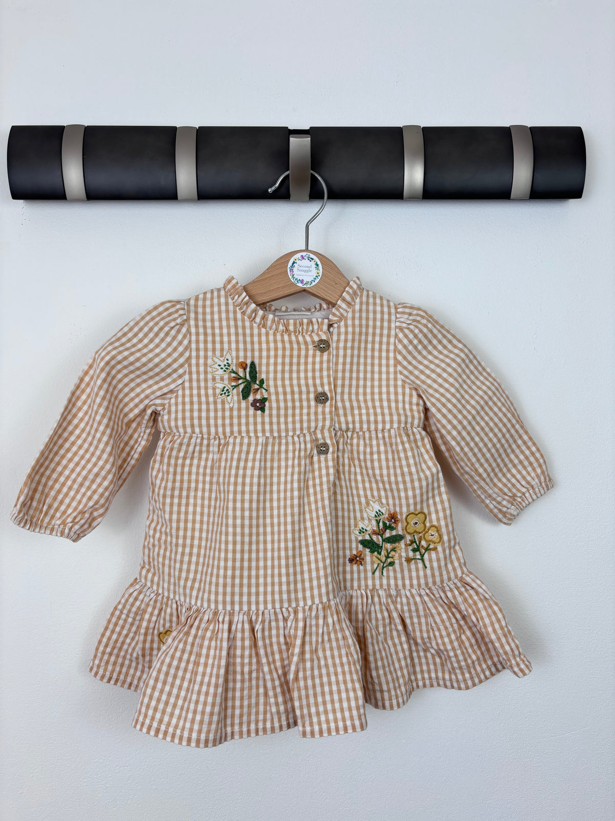Next Camel Gingham Floral Embroidered Dress 0-3 Months-Dresses-Second Snuggle Preloved