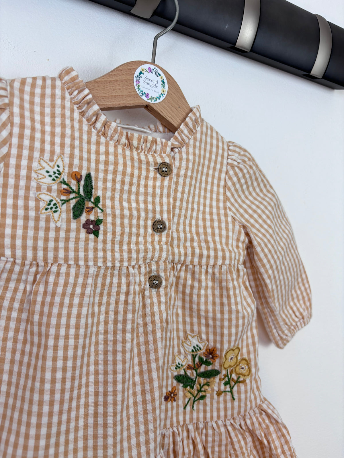 Next Camel Gingham Floral Embroidered Dress 0-3 Months-Dresses-Second Snuggle Preloved