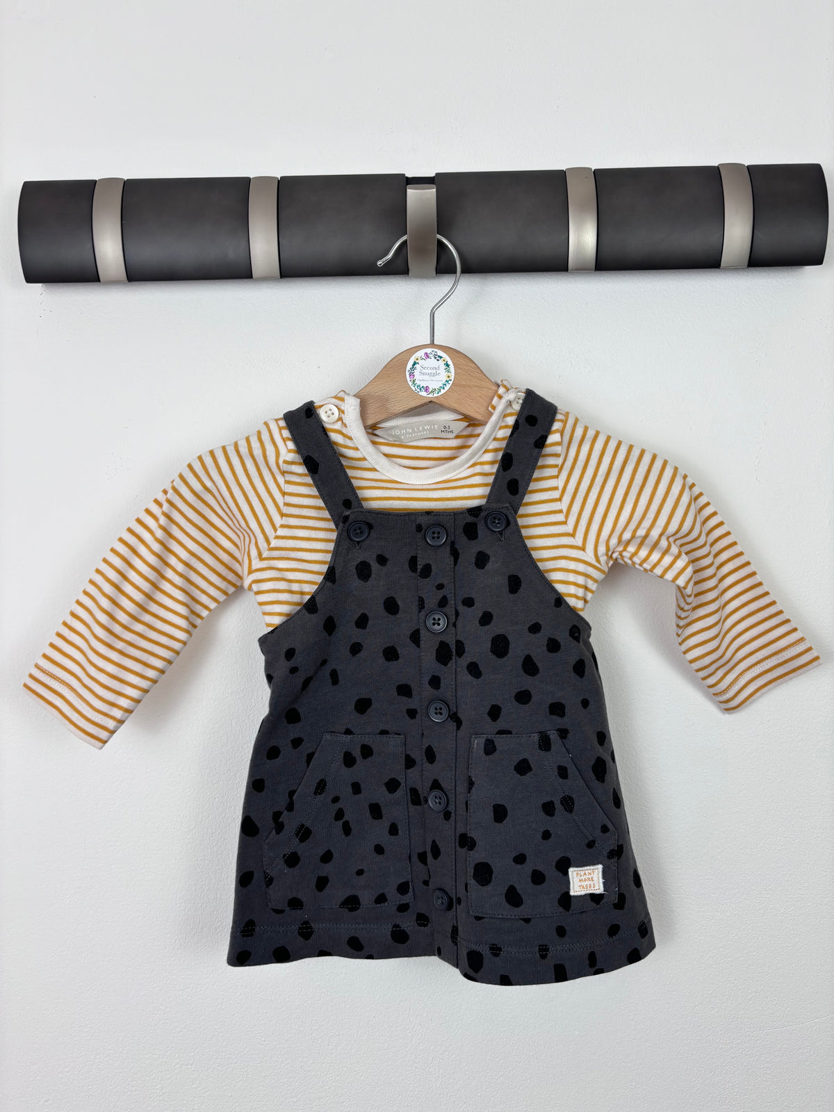 John Lewis Mustard Stripe Top & Charcoal Pinafore Dress Set 0-3 Months-Dresses-Second Snuggle Preloved