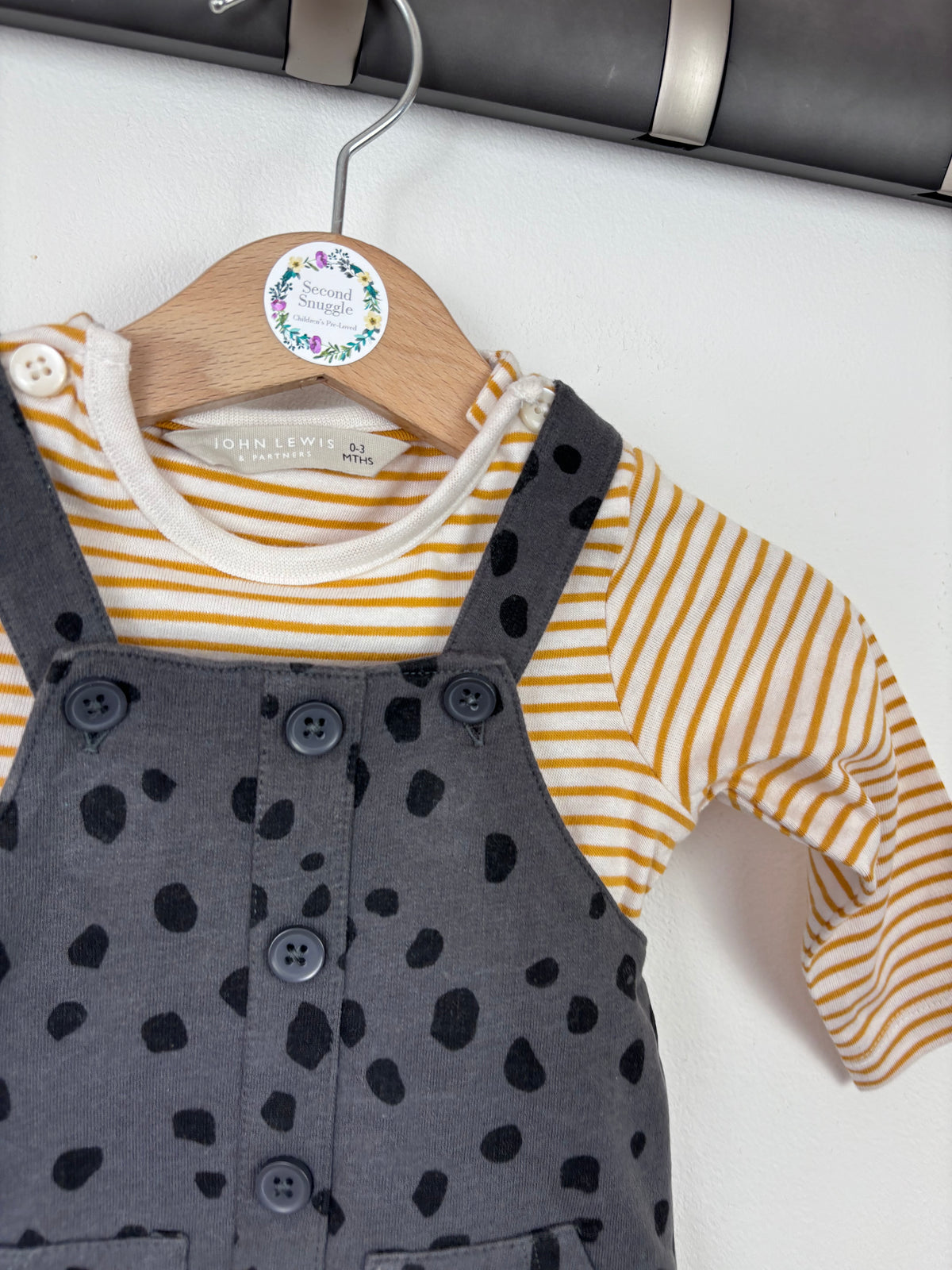 John Lewis Mustard Stripe Top & Charcoal Pinafore Dress Set 0-3 Months-Dresses-Second Snuggle Preloved