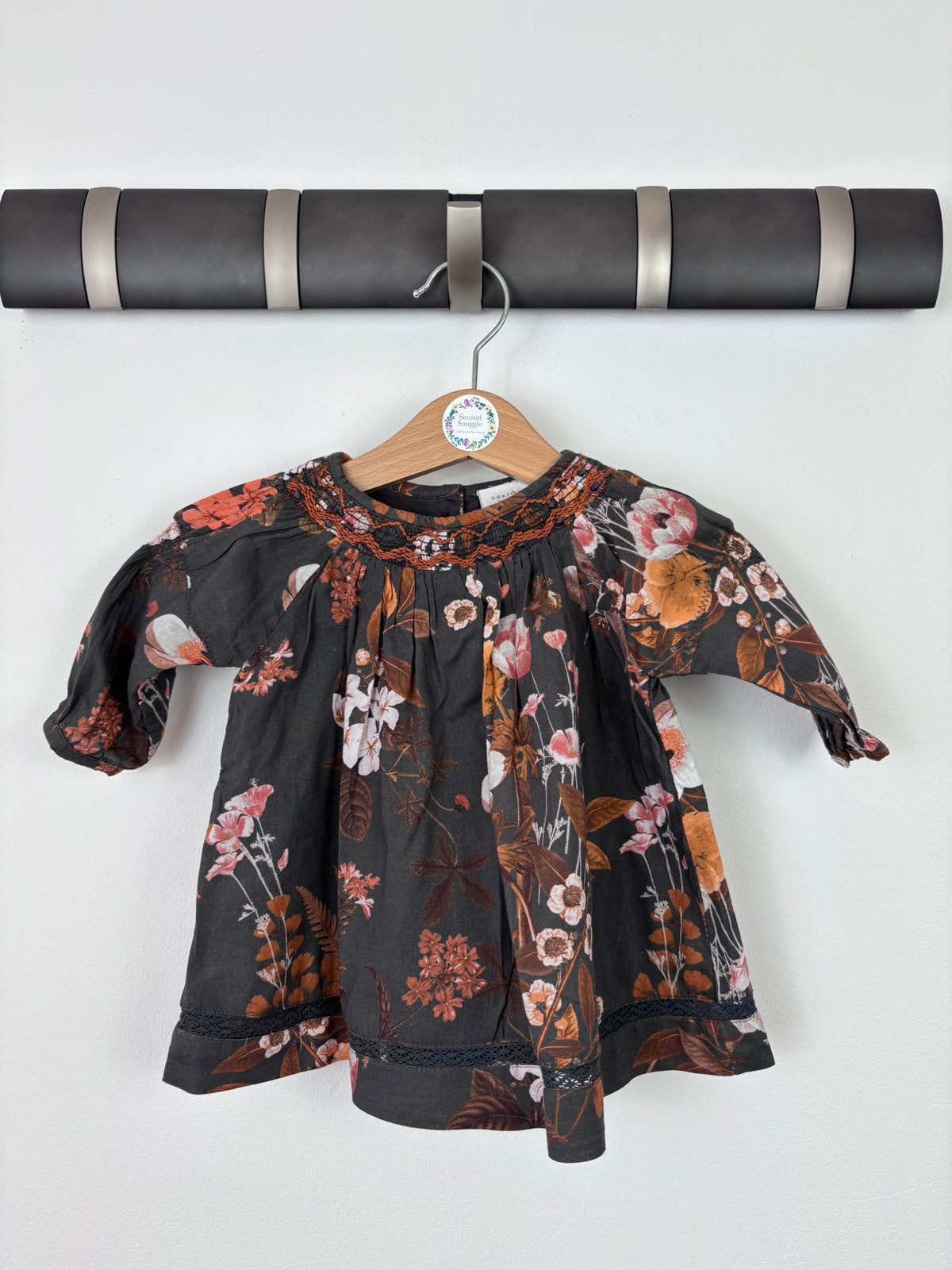 Next Charcoal Floral Dress Smocked Detail Up To 3 Months-Dresses-Second Snuggle Preloved