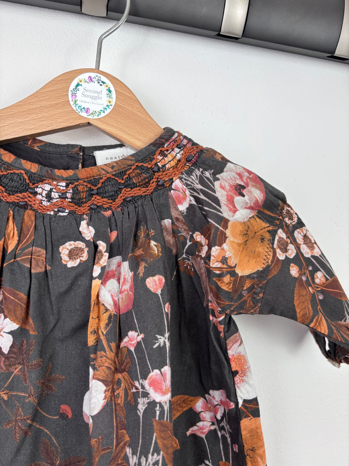 Next Charcoal Floral Dress Smocked Detail Up To 3 Months-Dresses-Second Snuggle Preloved
