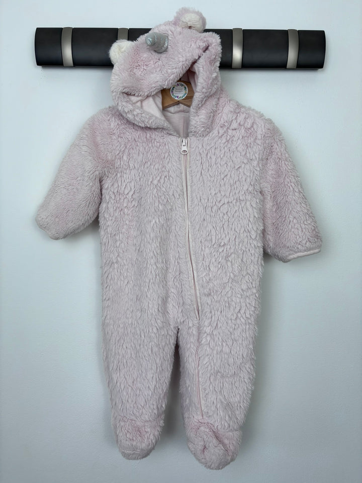 M&amp;S Pale Pink Fluffy Unicorn Pramsuit Cotton Lined 3-6 Months-Pramsuits-Second Snuggle Preloved