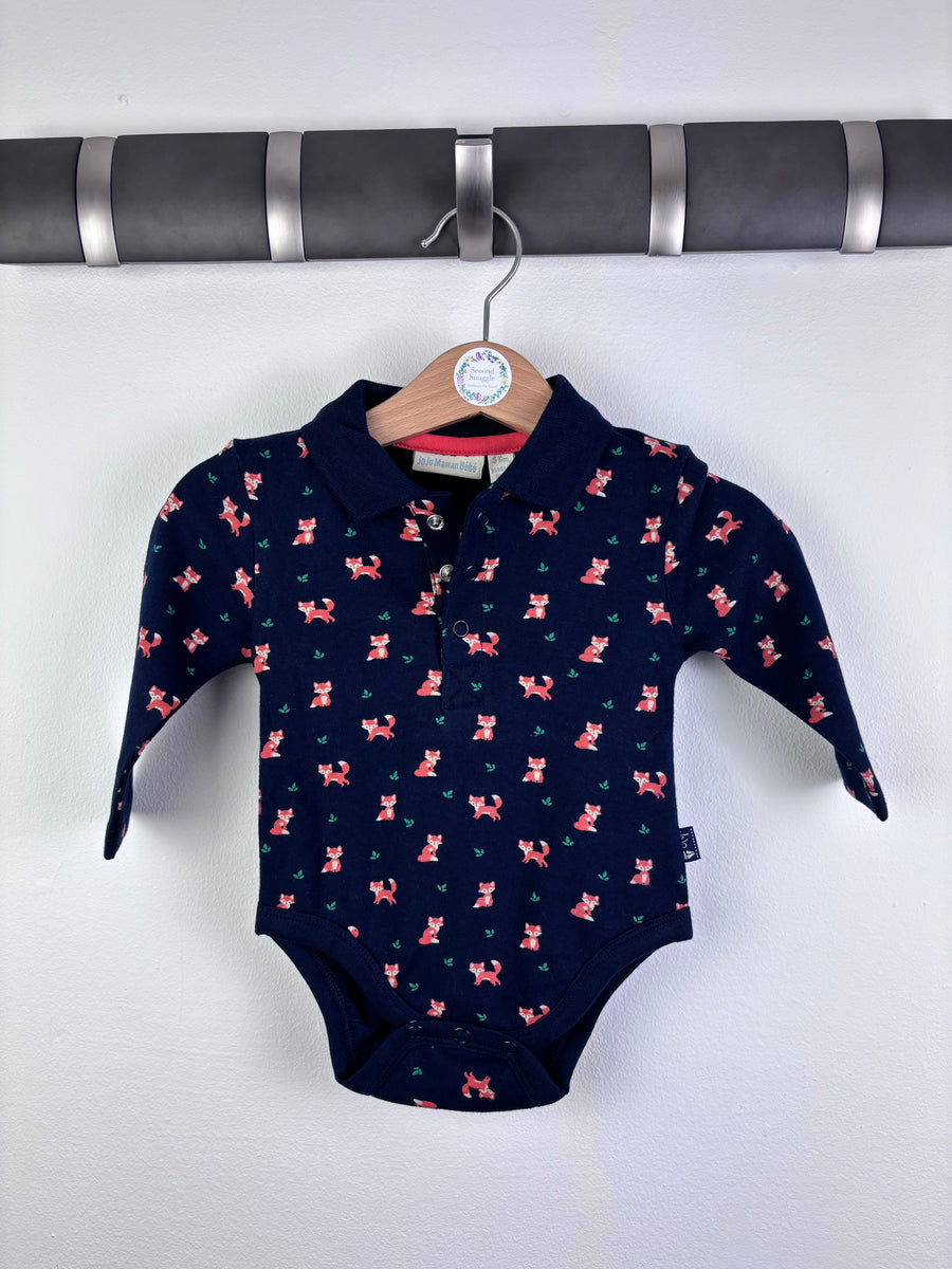 JoJo Maman Bébé Navy Fox Print Long Sleeve Bodysuit 3-6 Months-Vests-Second Snuggle Preloved