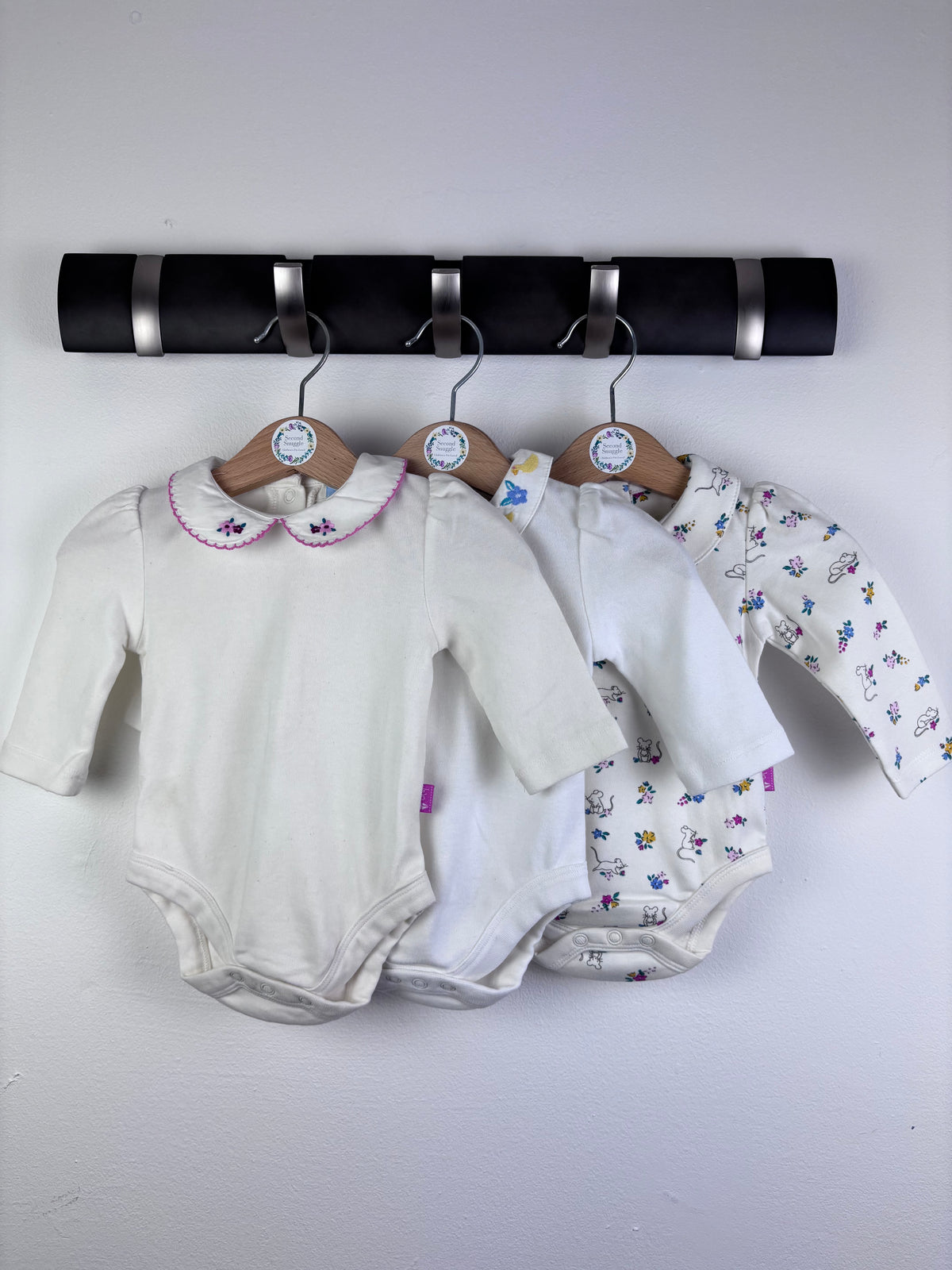 JoJo Maman Bébé Cream Bodysuit Set Floral Mouse Print Long Sleeve 0-3 Months-Vests-Second Snuggle Preloved
