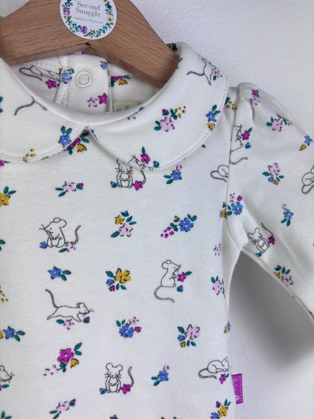 JoJo Maman Bébé Cream Bodysuit Set Floral Mouse Print Long Sleeve 0-3 Months-Vests-Second Snuggle Preloved