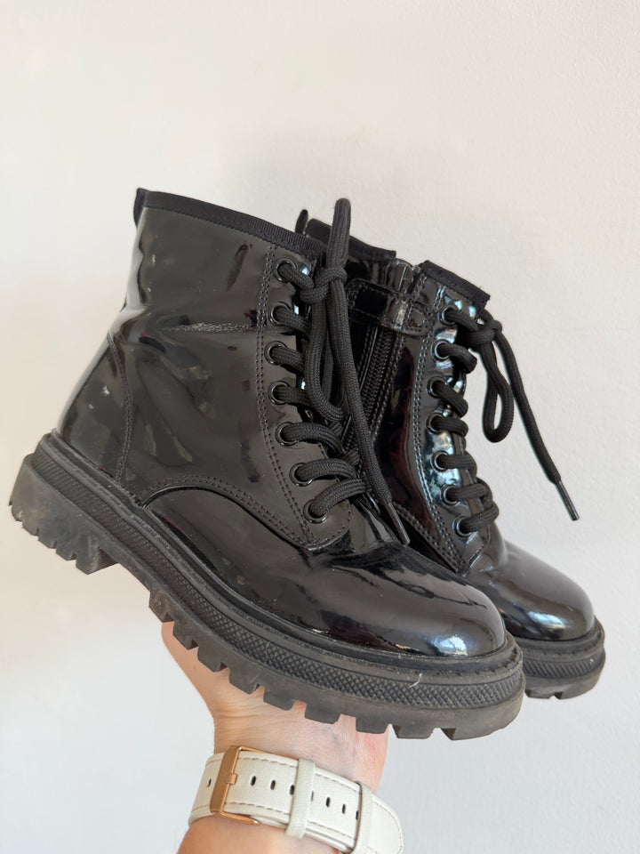Next Black Patent Lace Up Ankle Boots UK 12F-Boots-Second Snuggle Preloved