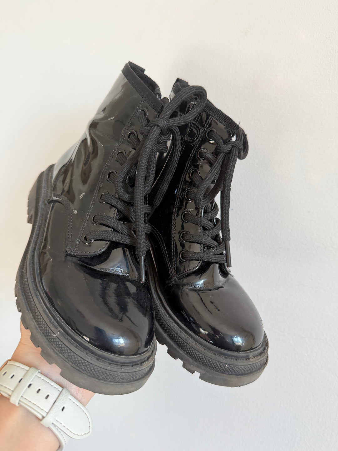 Next Black Patent Lace Up Ankle Boots UK 12F-Boots-Second Snuggle Preloved