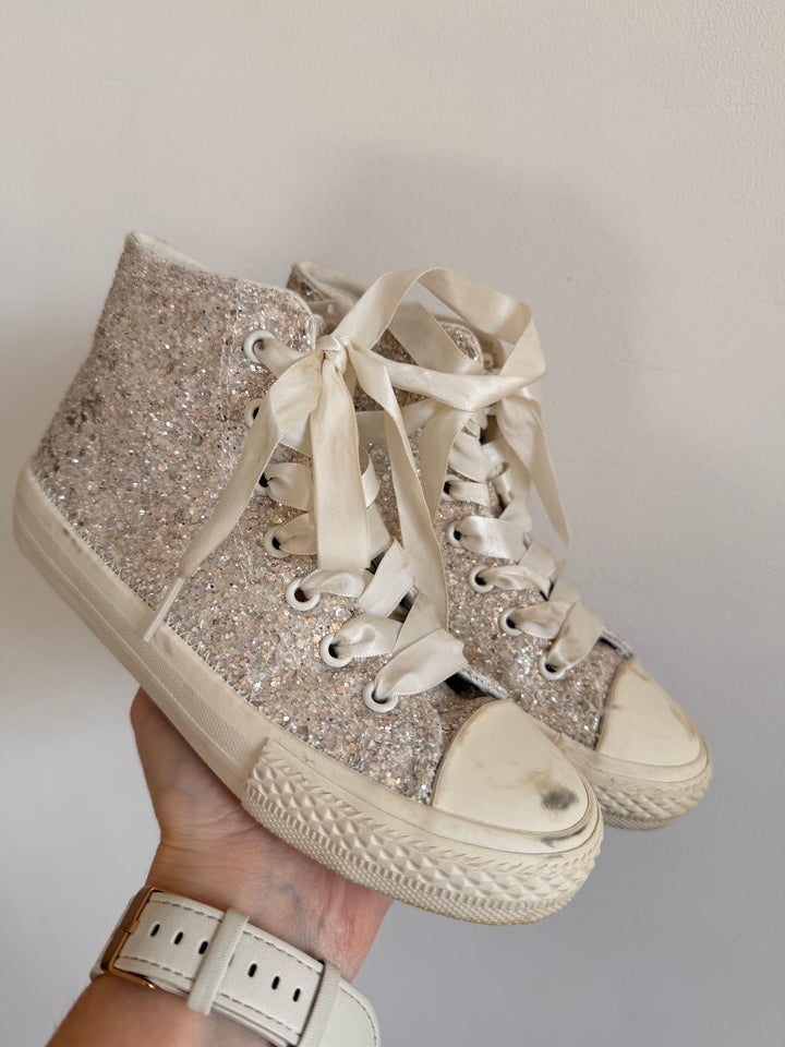 Next Silver Glitter High Top Trainers UK 12-Boots-Second Snuggle Preloved