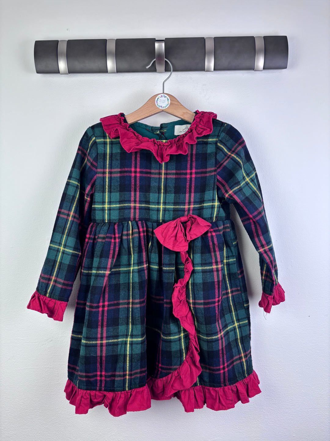 Dollywears Green Tartan Dress Pink Frill Trim 3-4 Years