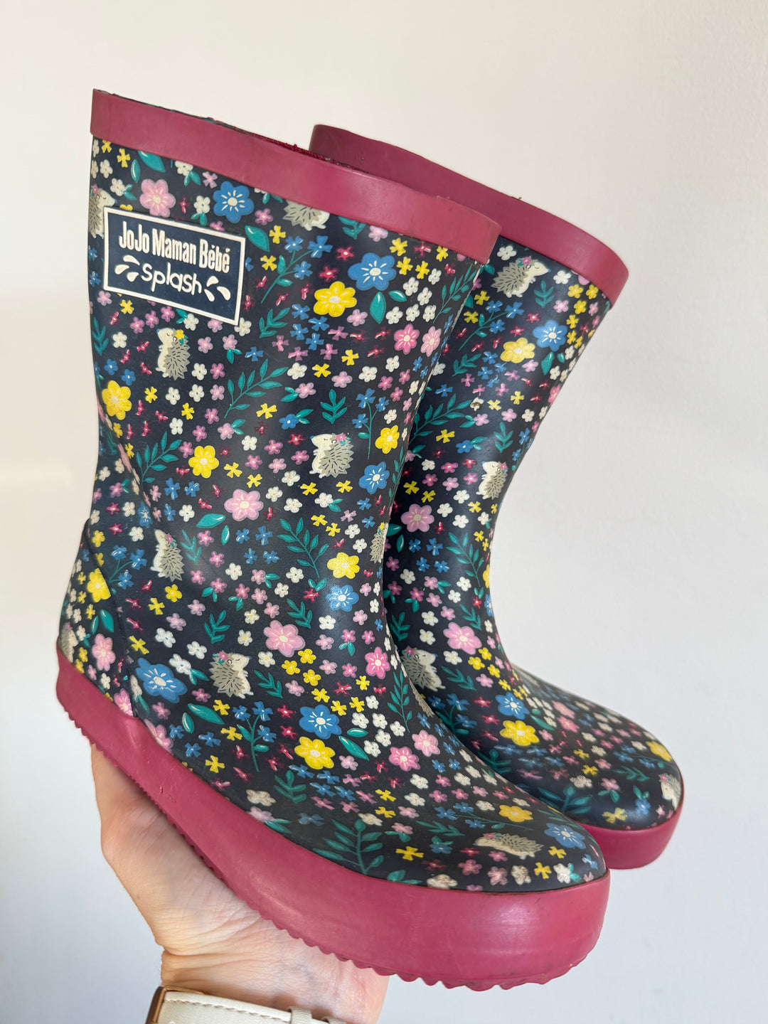 JoJo Maman Bébé Navy Floral Hedgehog Wellington Boots UK 11-Boots-Second Snuggle Preloved