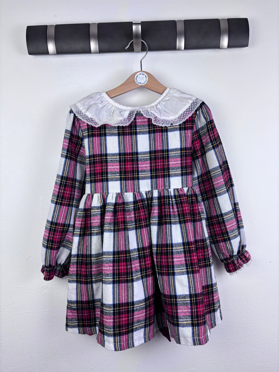 Dollywears Pink Tartan Dress Lace Collar Long Sleeve 6-7 Years-Dresses-Second Snuggle Preloved