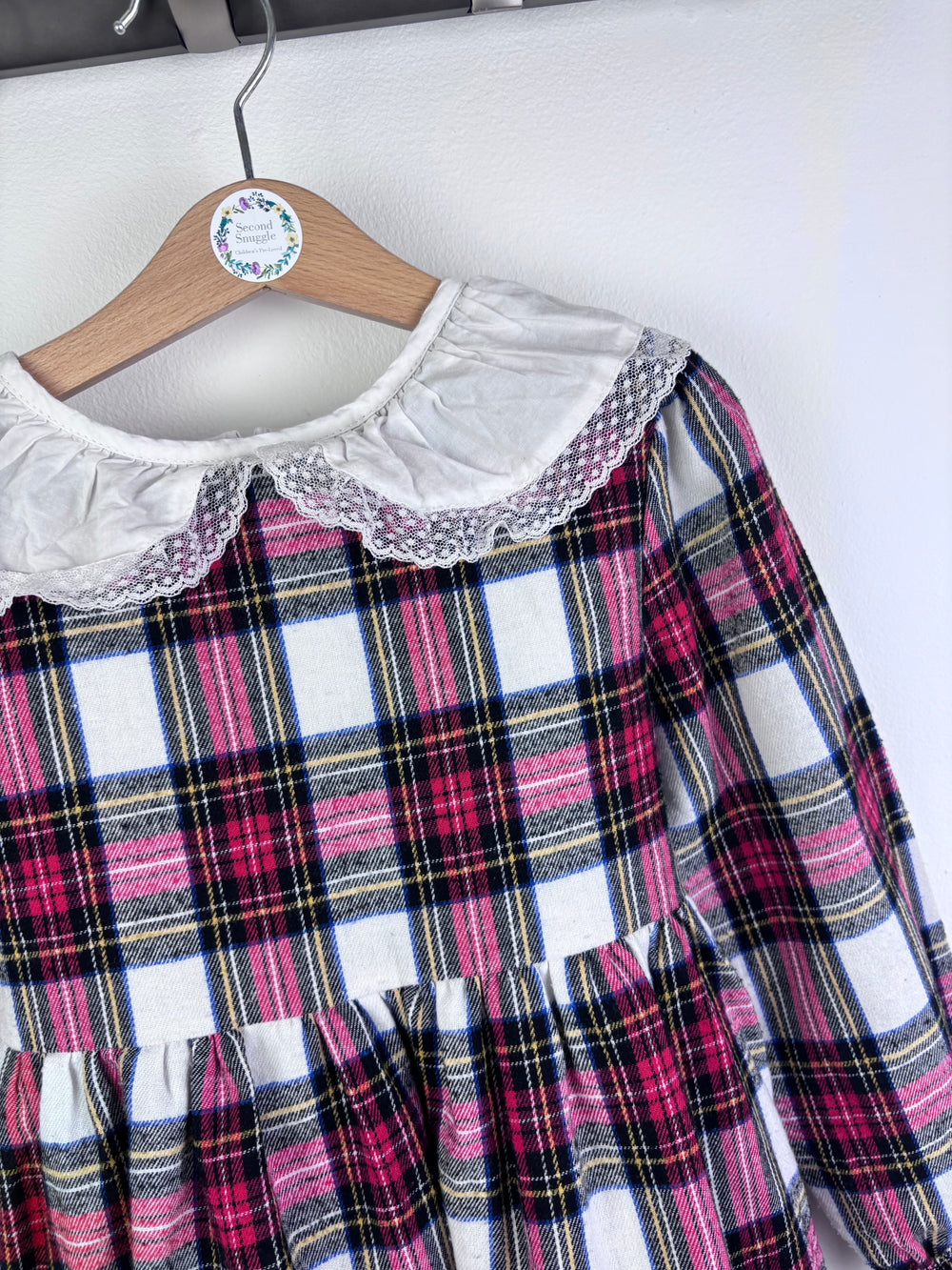Dollywears Pink Tartan Dress Lace Collar Long Sleeve 6-7 Years-Dresses-Second Snuggle Preloved