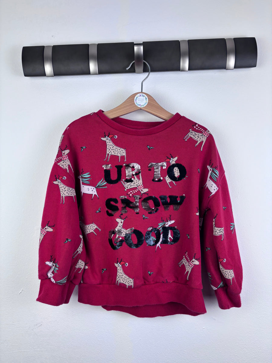 Next Red Sweatshirt Reindeer Print Sequin Slogan 5 Years-Jumpers-Second Snuggle Preloved