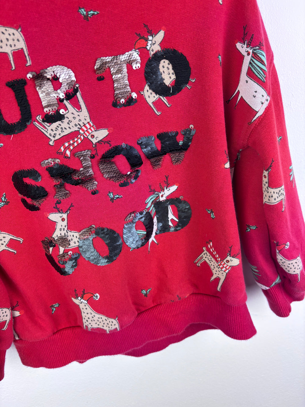 Next Red Sweatshirt Reindeer Print Sequin Slogan 5 Years-Jumpers-Second Snuggle Preloved