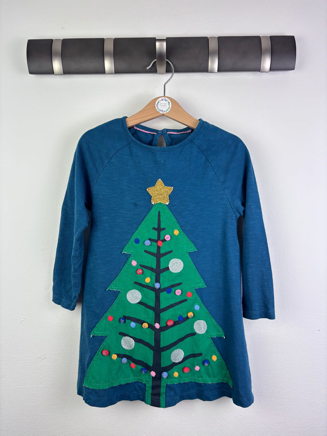 Boden Blue Top Christmas Tree Appliqué Long Sleeve 3-4 Years