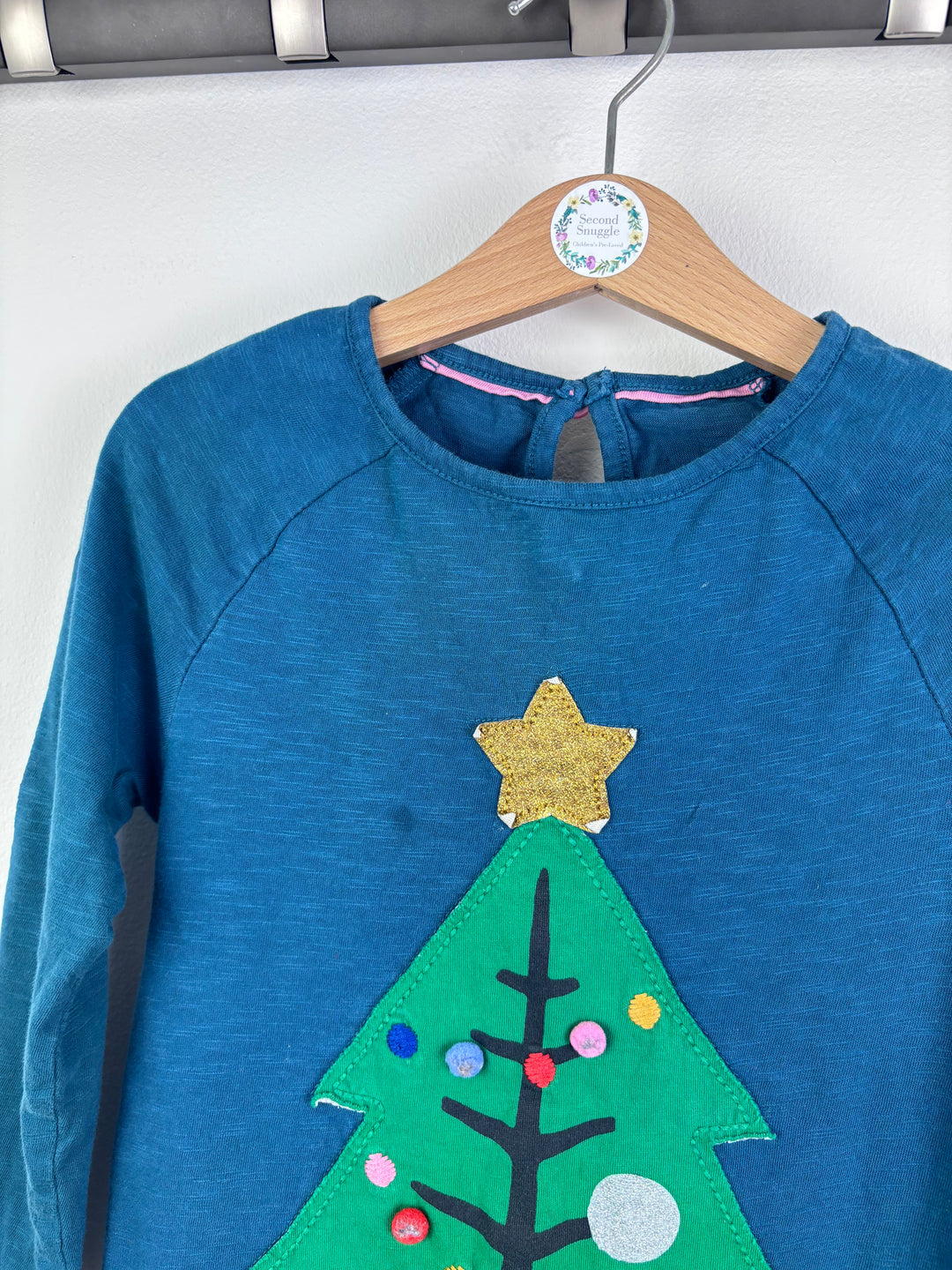 Boden Blue Top Christmas Tree Appliqué Long Sleeve 3-4 Years