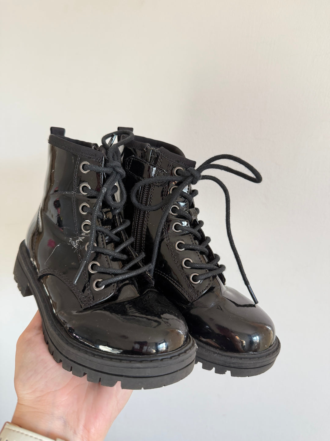 Next Black Patent Lace Up Chunky Ankle Boots UK 11-Boots-Second Snuggle Preloved