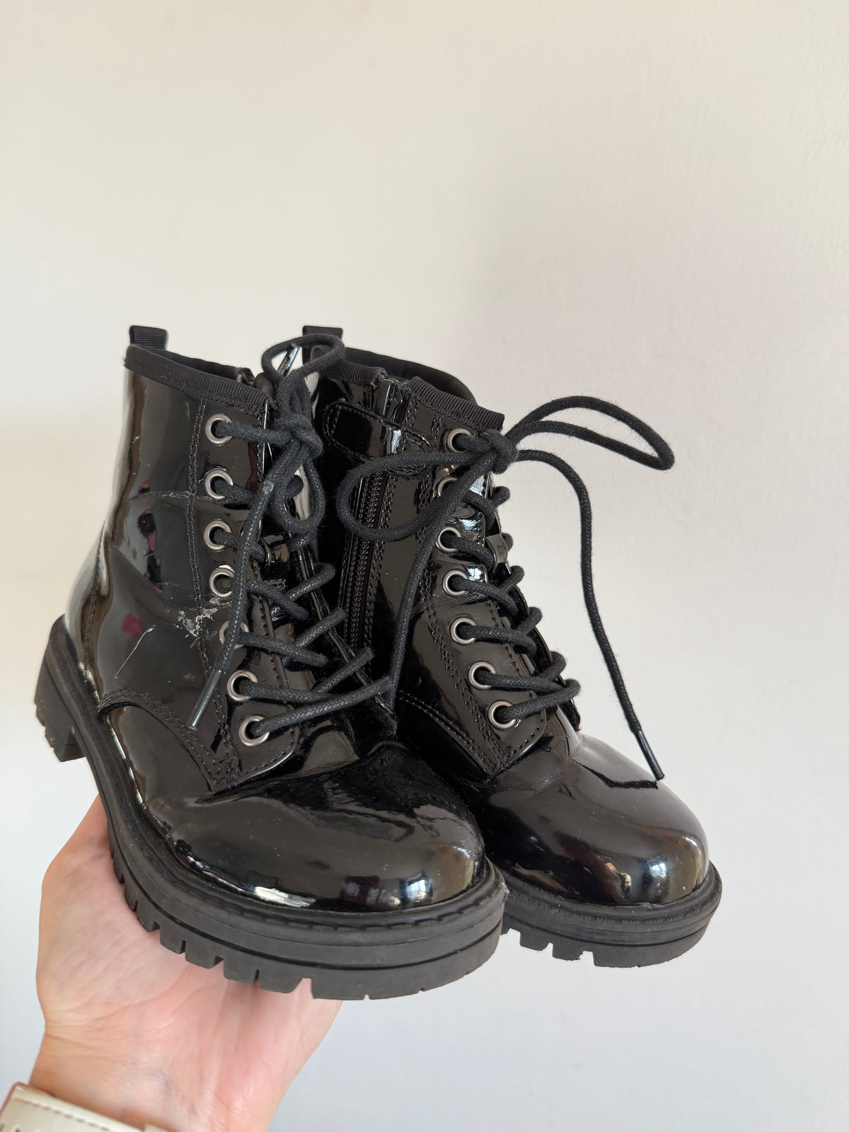 Next Black Patent Lace Up Chunky Ankle Boots UK 11-Boots-Second Snuggle Preloved