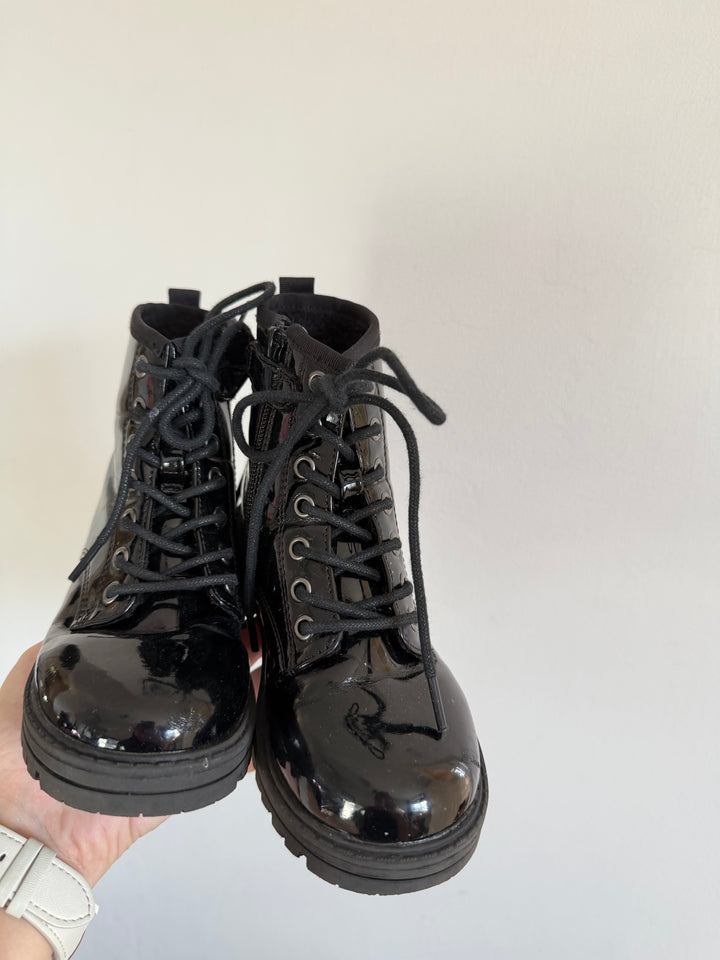 Next Black Patent Lace Up Chunky Ankle Boots UK 11-Boots-Second Snuggle Preloved