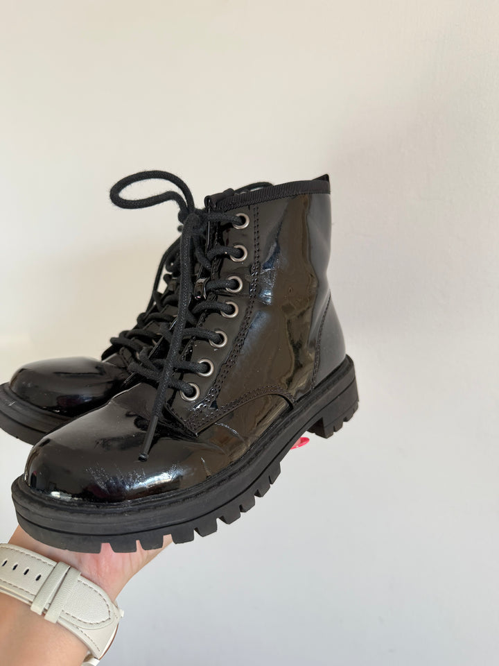Next Black Patent Lace Up Chunky Ankle Boots UK 11-Boots-Second Snuggle Preloved