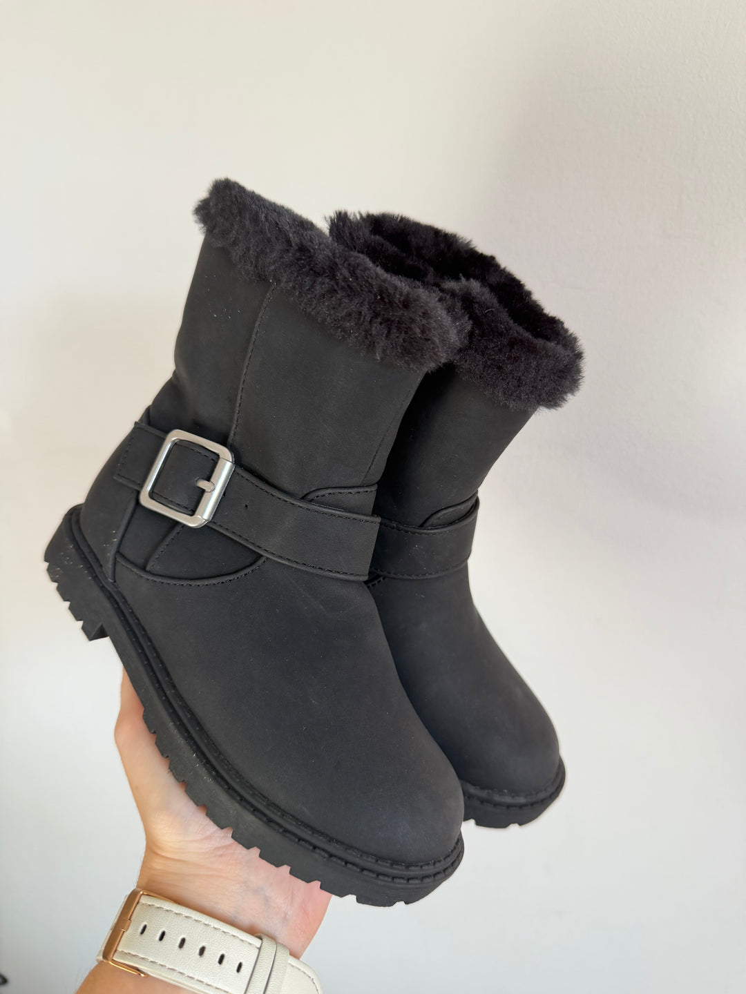 M&S Black Faux Fur Buckle Ankle Boots UK 10