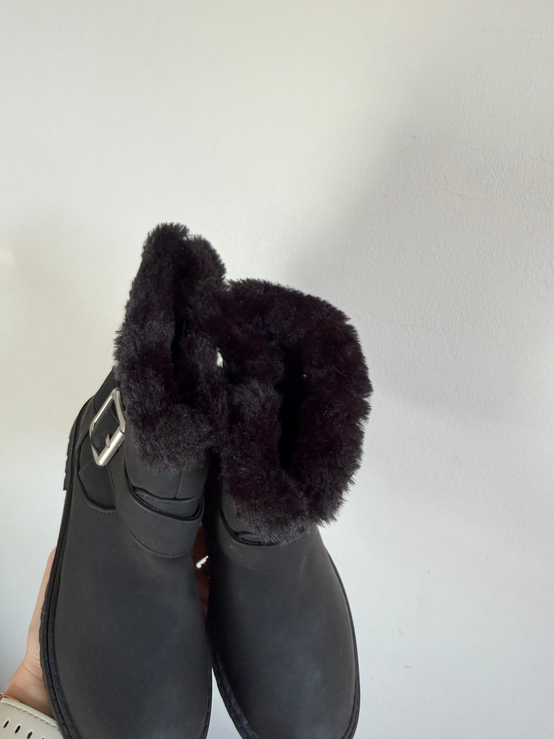 M&S Black Faux Fur Buckle Ankle Boots UK 10