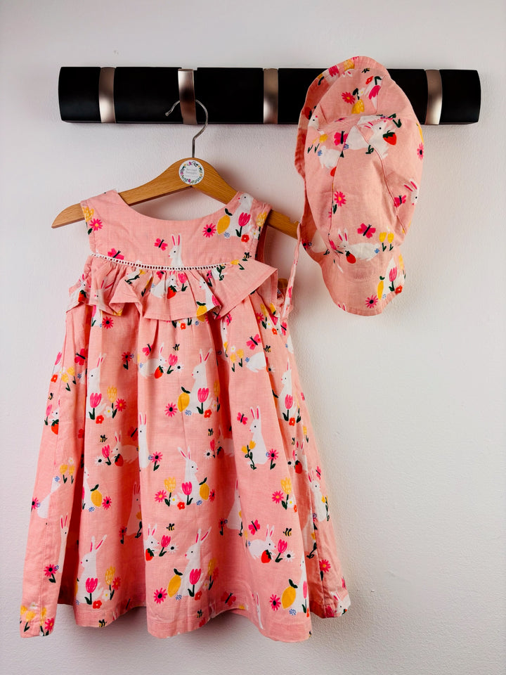John Lewis Pink Bunny Dress and Sun Hat 18-24 Months