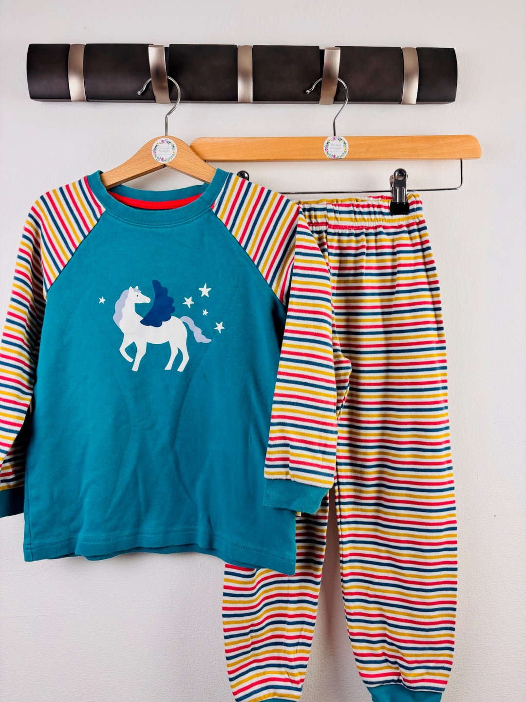 Frugi Teal Rainbow Stripe Pegasus Pyjama Set 5-6 Years