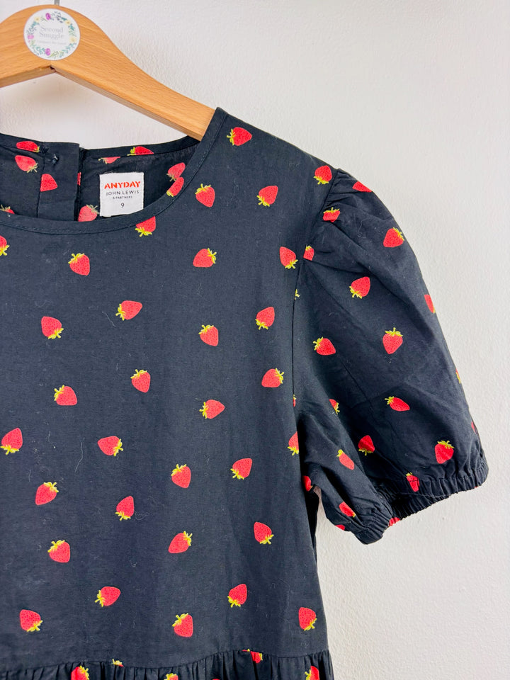 John Lewis Navy Strawberry Print Tiered Dress 9 Years
