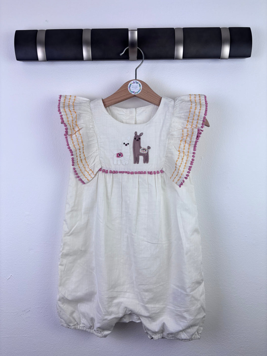 M&S Cream Romper Llama Embroidered Flutter Sleeve 12-18 Months-Rompers-Second Snuggle Preloved