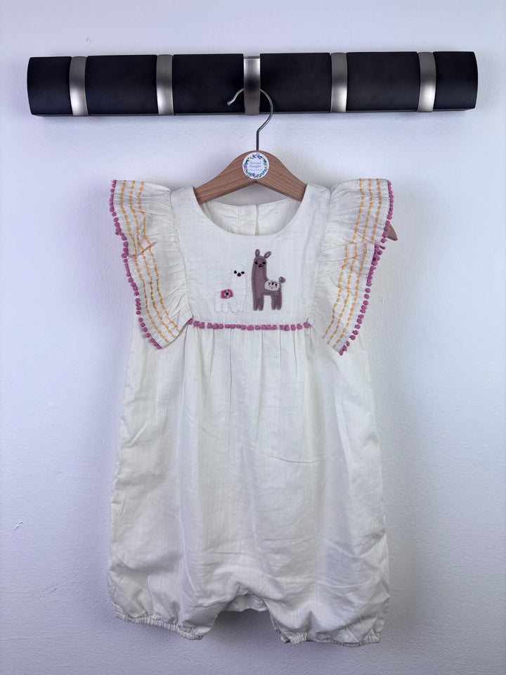M&S Cream Romper Llama Embroidered Flutter Sleeve 12-18 Months-Rompers-Second Snuggle Preloved