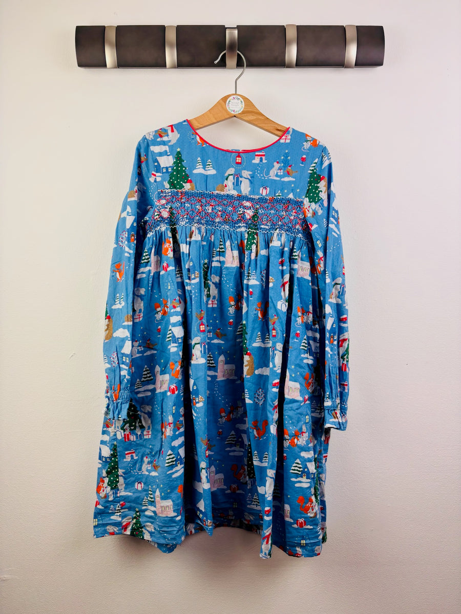 Boden Blue Christmas Winter Scene Smocked Dress 8-9 Years-Dresses-Second Snuggle Preloved