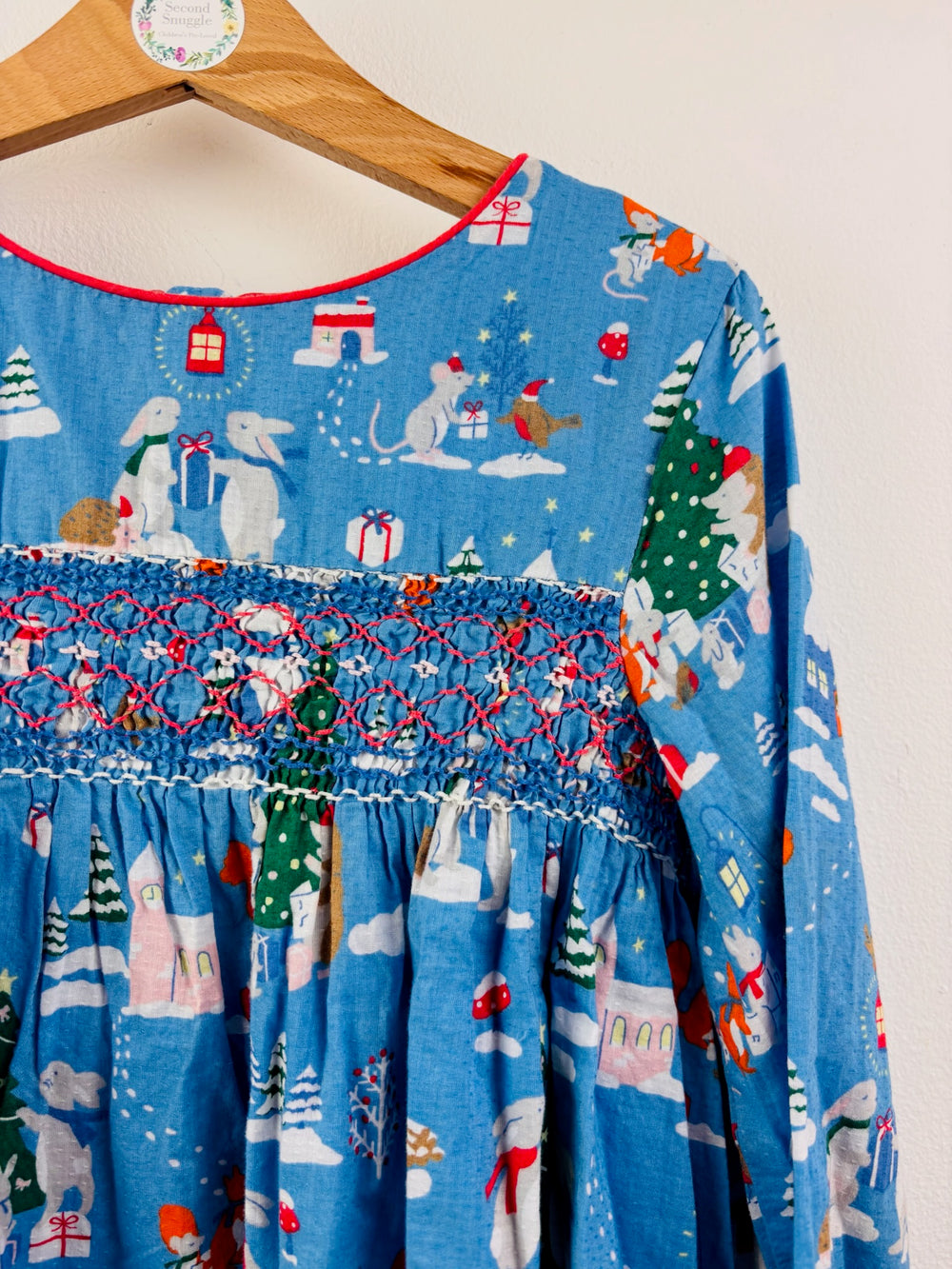 Boden Blue Christmas Winter Scene Smocked Dress 8-9 Years-Dresses-Second Snuggle Preloved