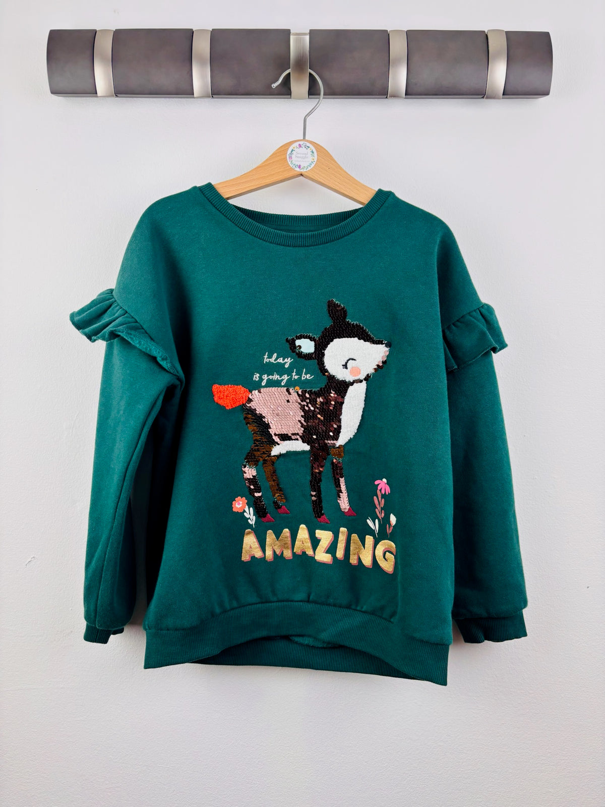 Fred & Flo Green Reindeer Sequin Christmas Sweatshirt 6-7 Years-Jumpers-Second Snuggle Preloved