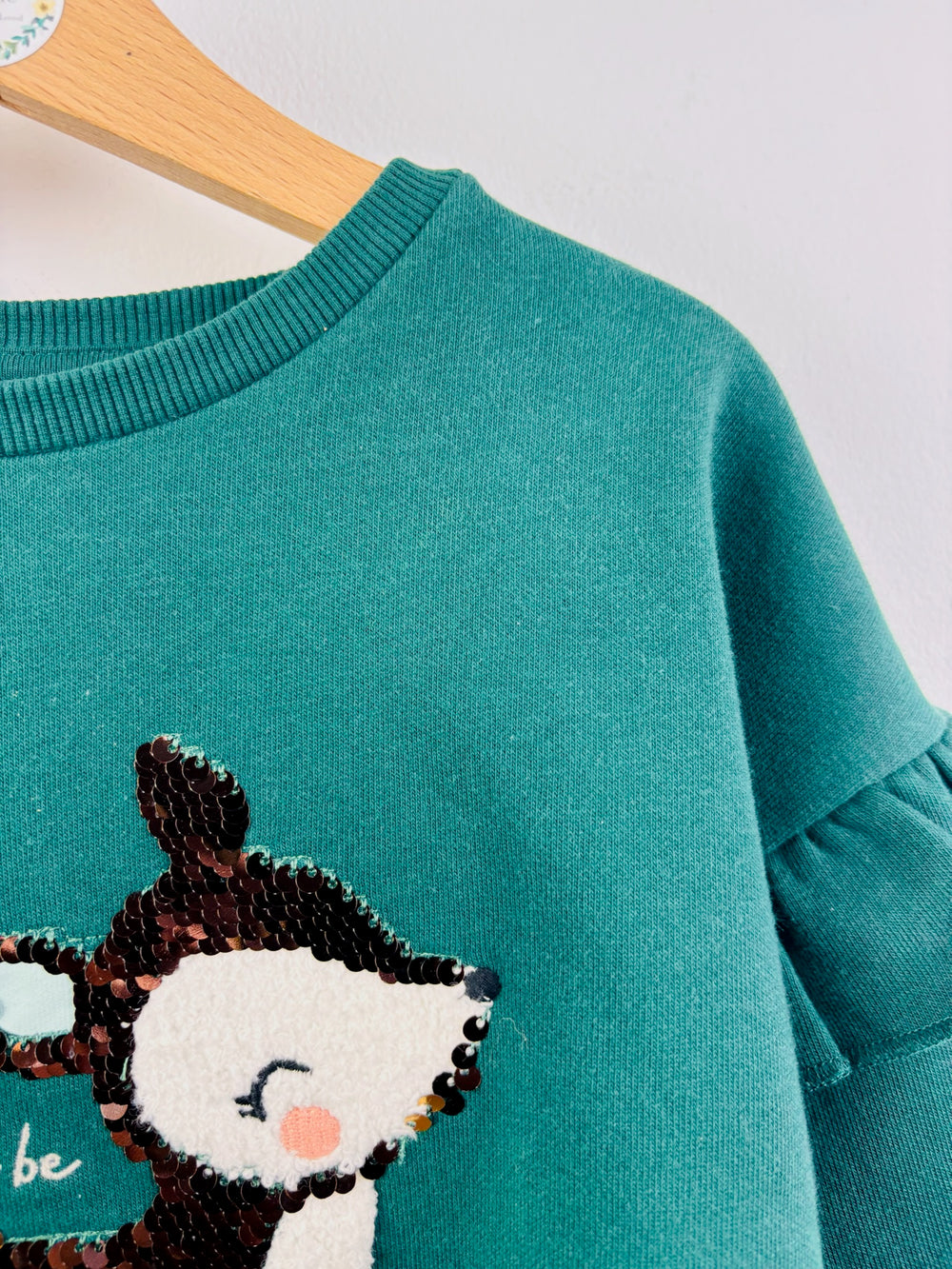Fred & Flo Green Reindeer Sequin Christmas Sweatshirt 6-7 Years-Jumpers-Second Snuggle Preloved