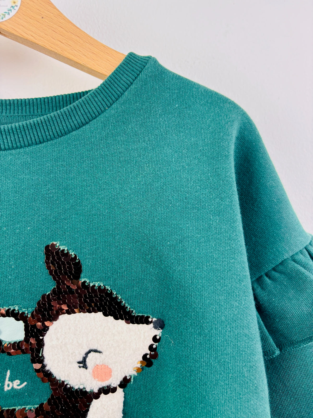 Fred & Flo Green Reindeer Sequin Christmas Sweatshirt 6-7 Years-Jumpers-Second Snuggle Preloved