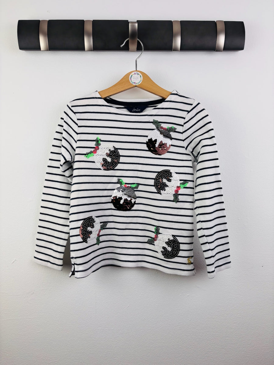 Joules Cream Stripe Sequin Christmas Pudding Top 5 Years-Tops-Second Snuggle Preloved