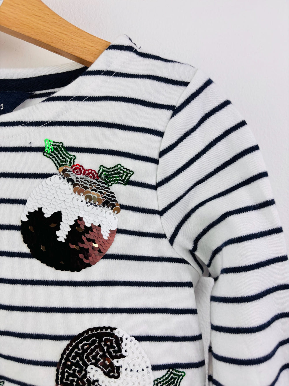 Joules Cream Stripe Sequin Christmas Pudding Top 5 Years-Tops-Second Snuggle Preloved
