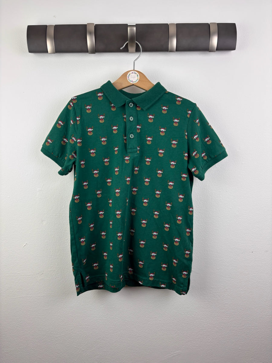 Next Green Reindeer Print Christmas Polo Shirt 7 Years-Tops-Second Snuggle Preloved
