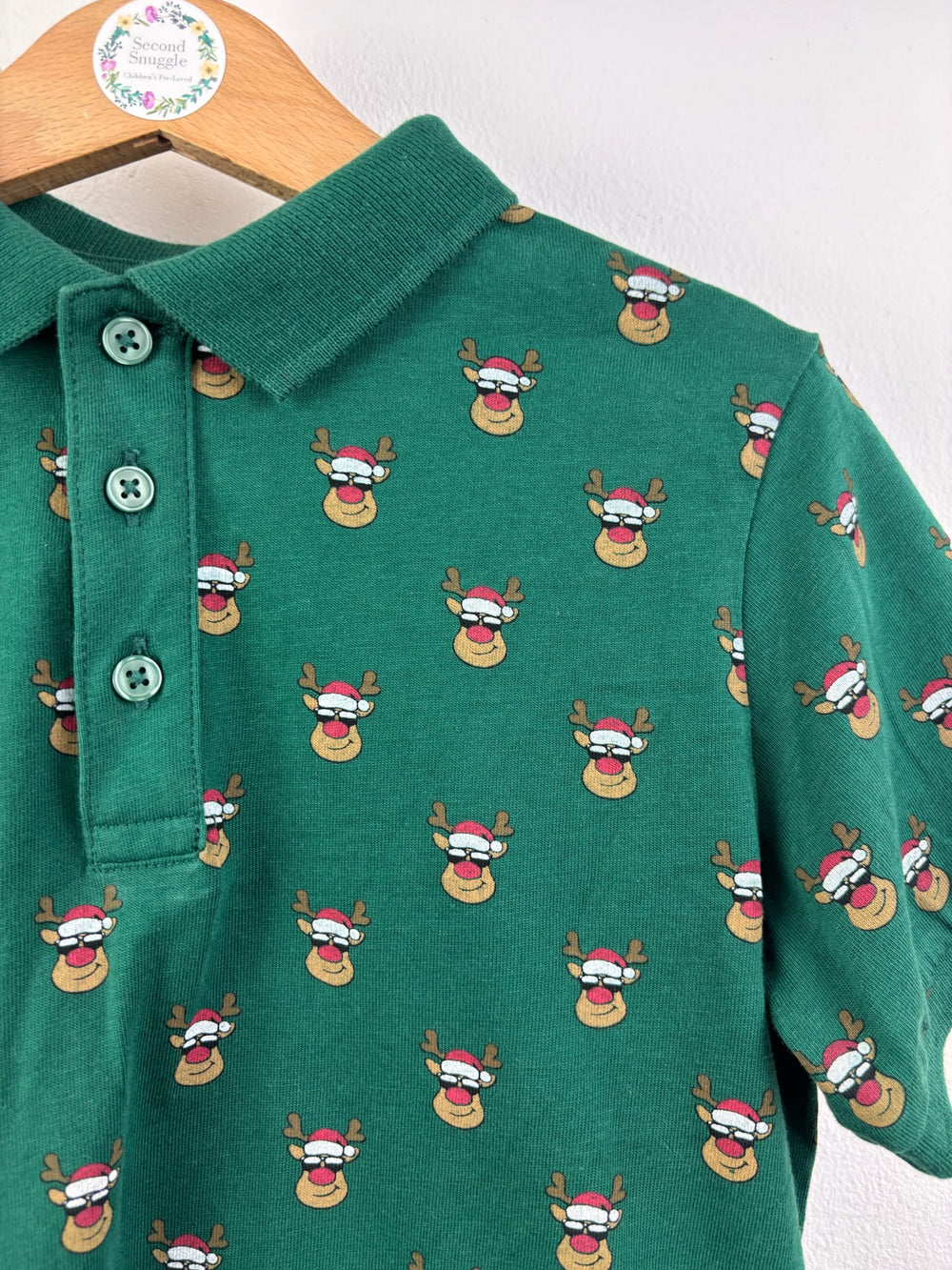 Next Green Reindeer Print Christmas Polo Shirt 7 Years-Tops-Second Snuggle Preloved
