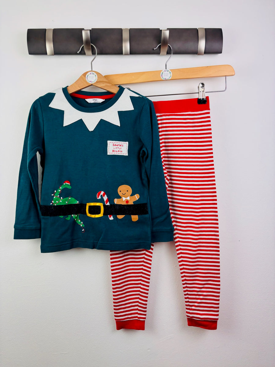 M&S Green Elf Christmas Pyjamas 4-5 Years-Night Wear-Second Snuggle Preloved
