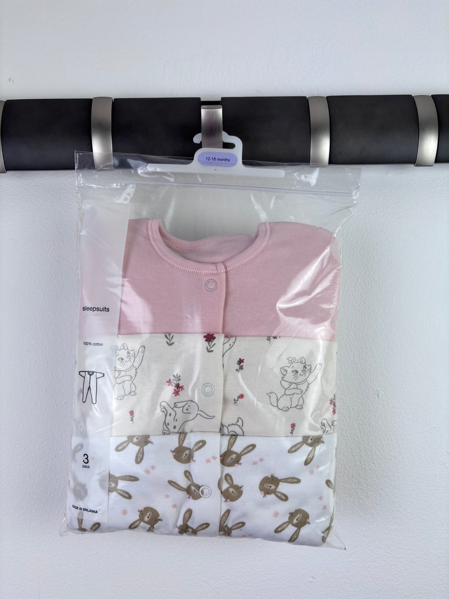 Ex High Street Pink Bunny Sleepsuit 3 Pack 12-18 Months-Sleepsuits-Second Snuggle Preloved