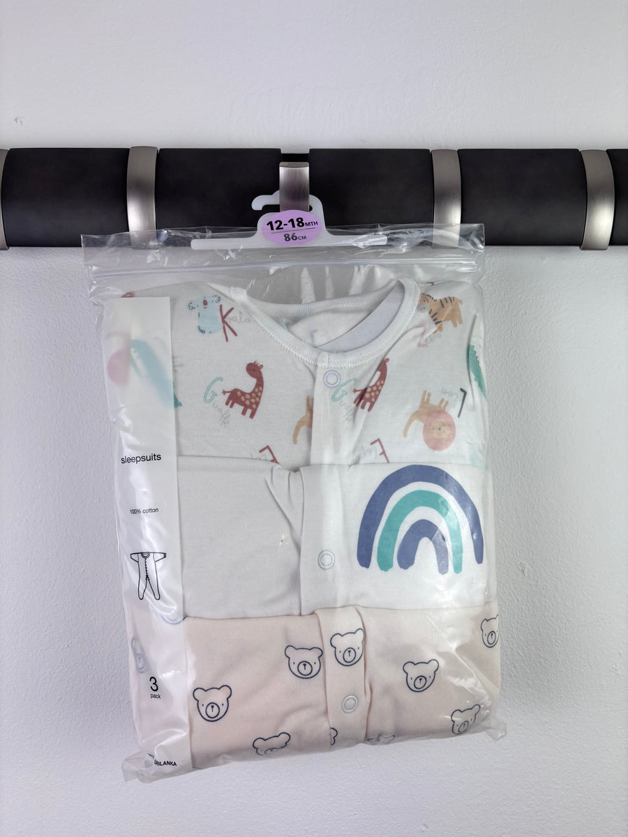 Ex High Street Safari Rainbow Bear Sleepsuit 3 Pack 12-18 Months-Sleepsuits-Second Snuggle Preloved