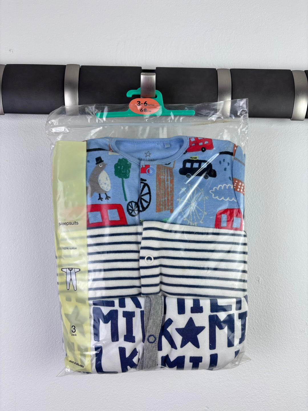 Ex High Street Blue London Stripe Sleepsuit 3 Pack 3-6 Months-Sleepsuits-Second Snuggle Preloved